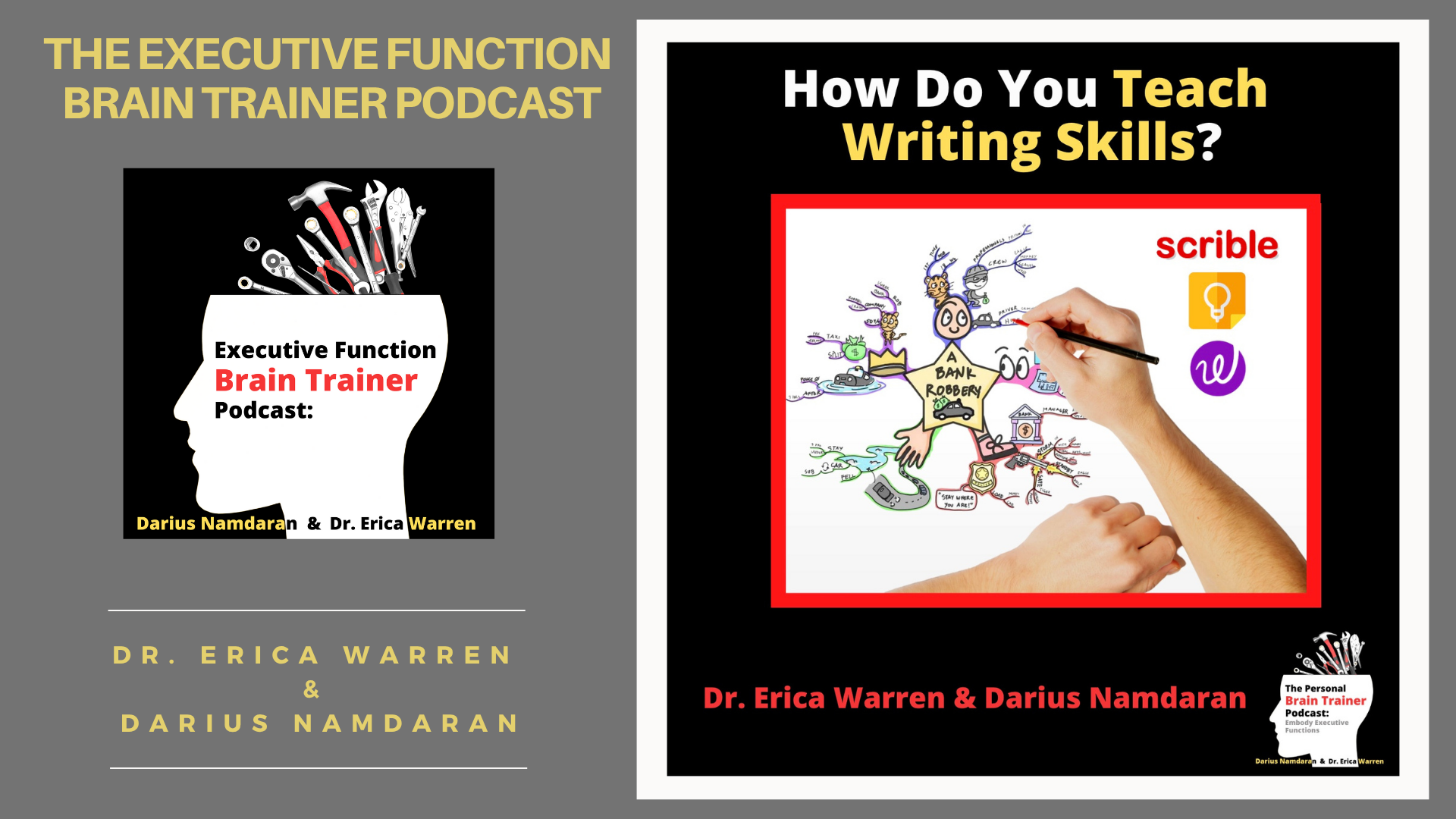 Podcast cover side by side with text and graphics related to how to teach writing.