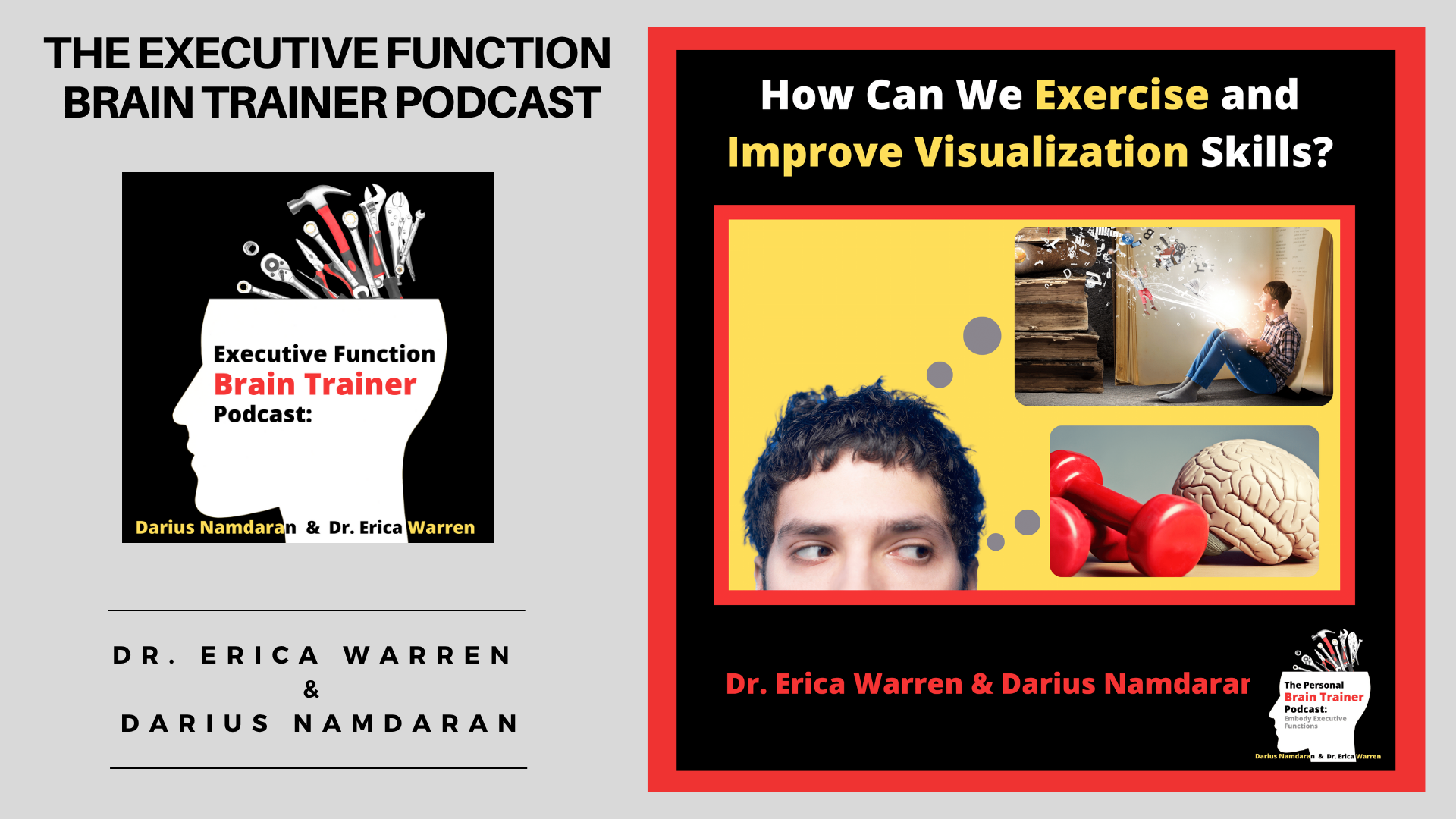 Promotional graphic for 'The Executive Function Brain Trainer Podcast' on exercise with images of a brain and podcast cover.