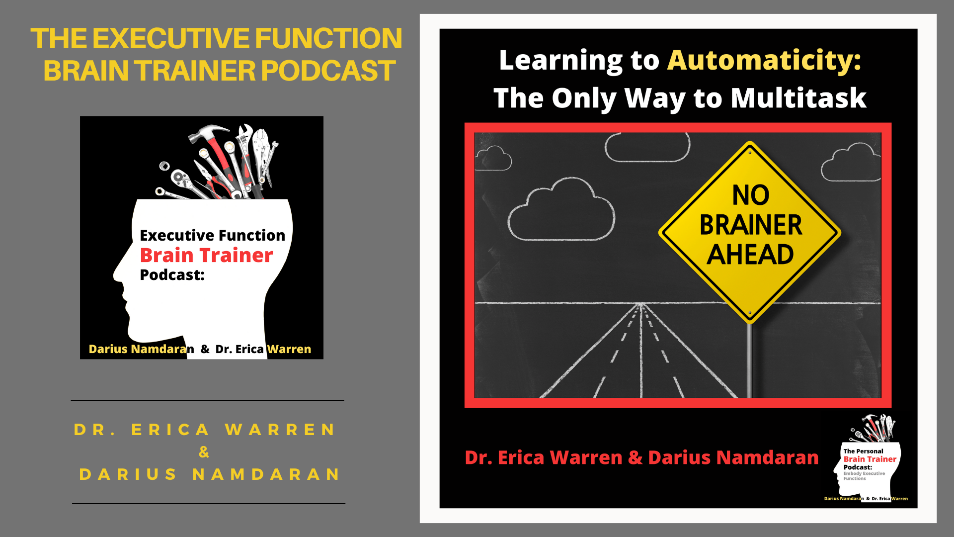 Podcast cover image with text and graphics related to 'Executive Function Brain Trainer' and 'Learning to Automaticity'.