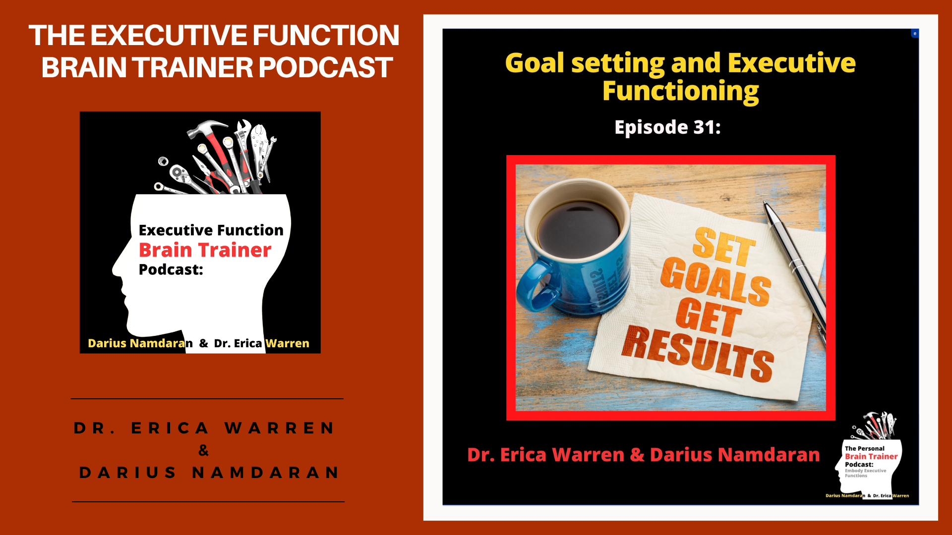 Promotional graphic for 'The Executive Function Brain Trainer Podcast' on goal setting with branding and episode details.