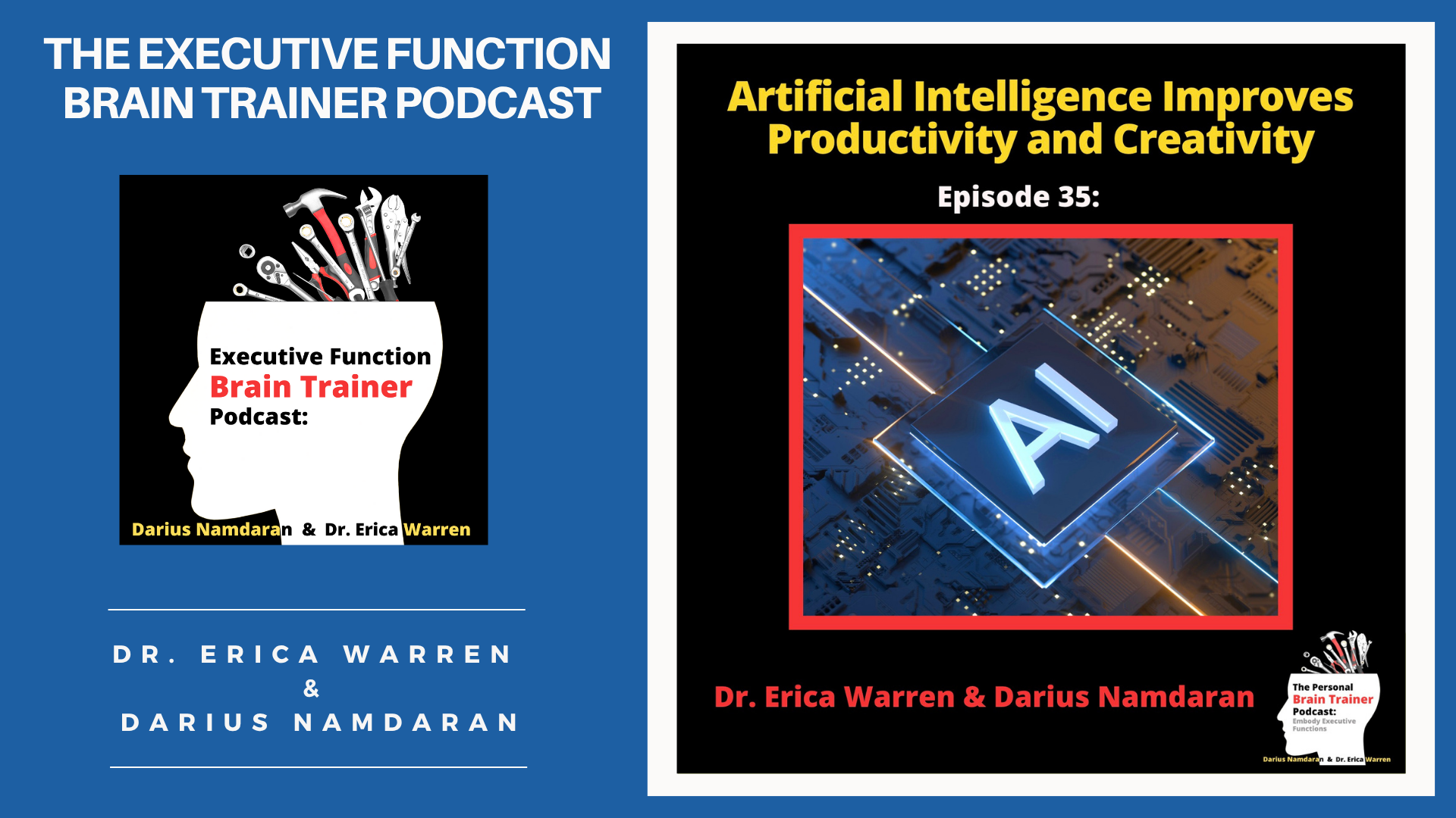 Podcast episode cover for 'The Executive Function Brain Trainer Podcast' and 'Artificial Intelligence Improves Productivity and Creativity'.