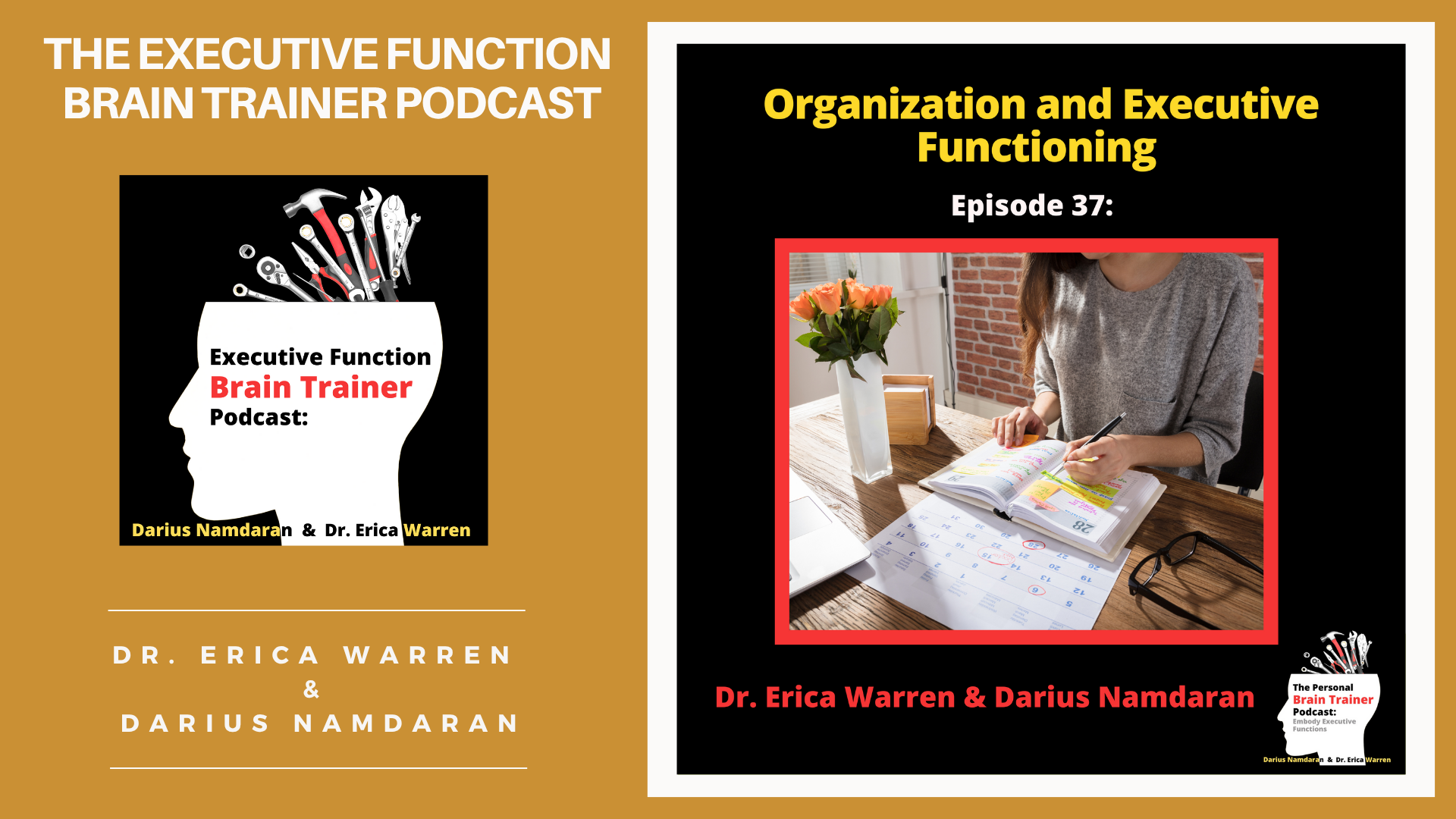 Promotional graphic for 'The Executive Function Brain Trainer Podcast' on organization with episode details and hosts' names.