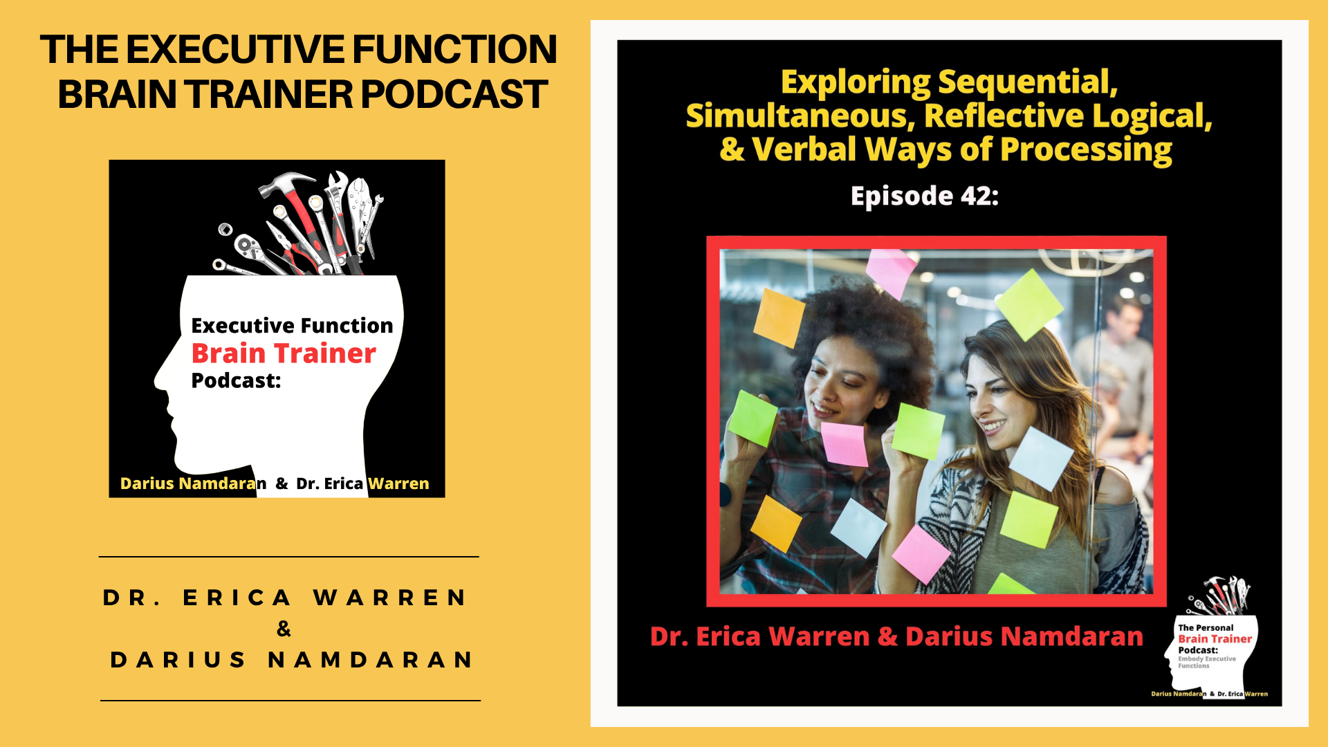 Podcast episode cover for 'The Executive Function Brain Trainer Podcast' with text and images of people working on a project.