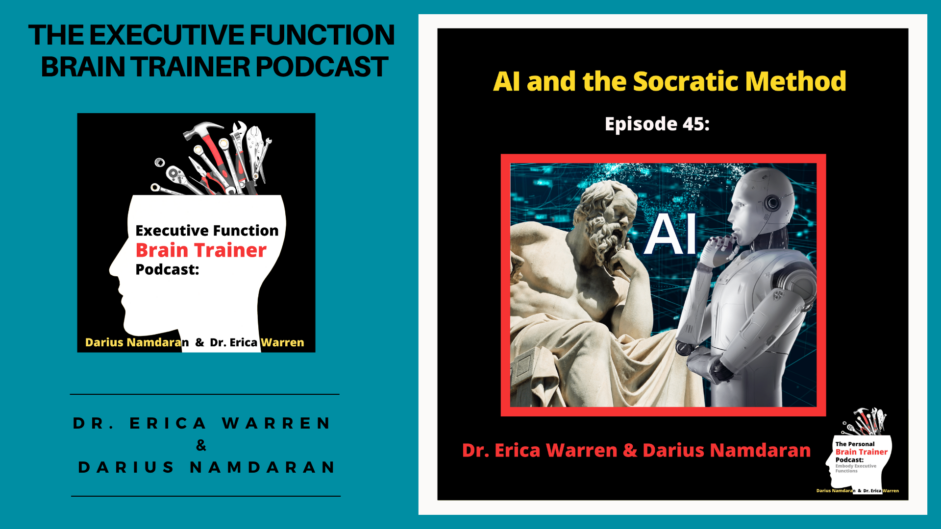 TPodcast episode cover for 'The Executive Function Brain Trainer Podcast' with a robot and statue image.