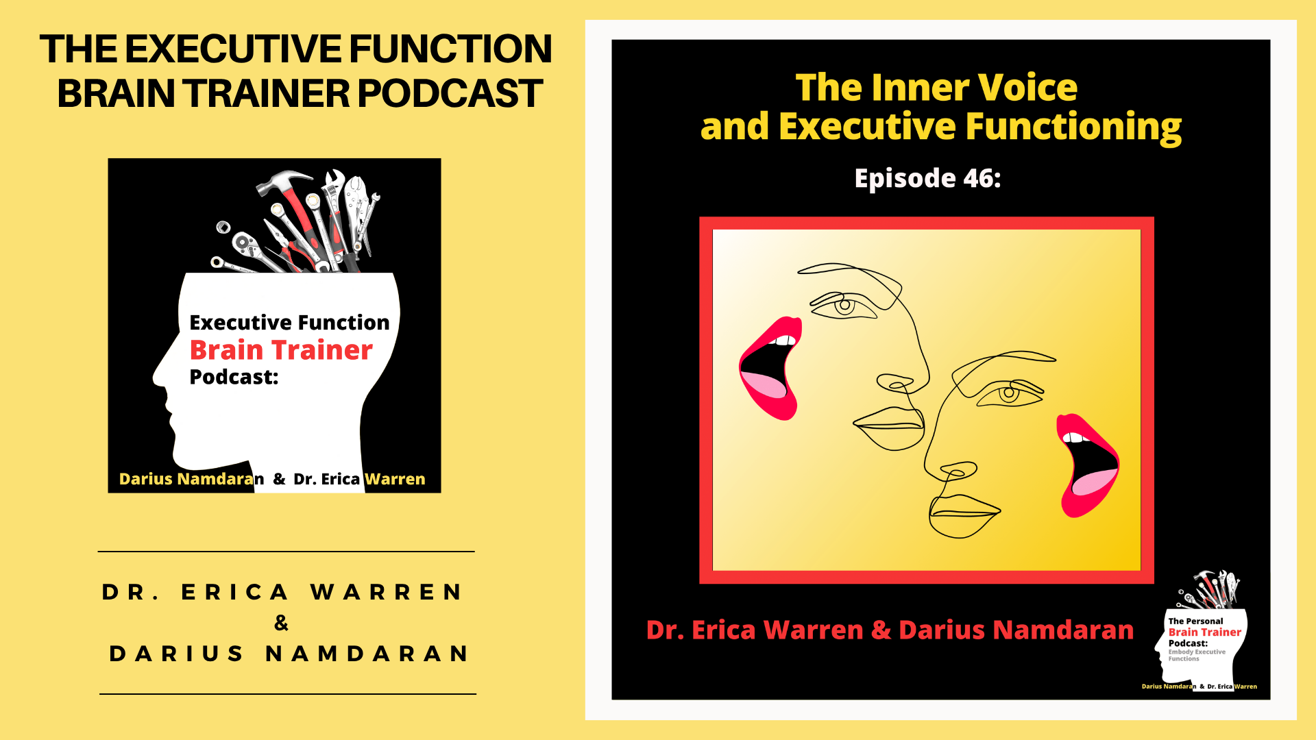 Podcast episode cover for 'The Executive Function Brain Trainer Podcast' on the inner voice with branding and speaker names.