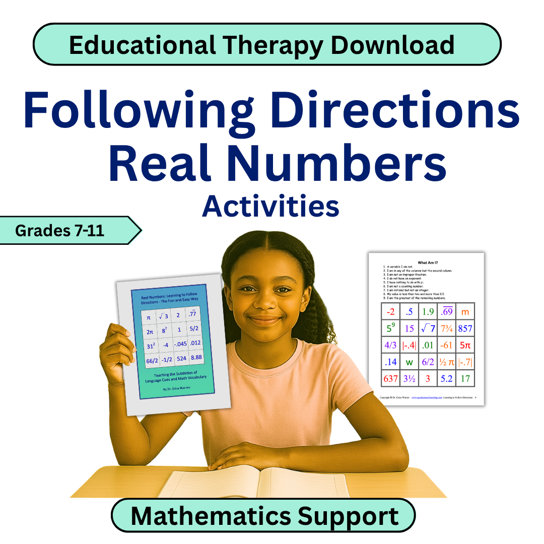 Book cover with a girl holding a tablet displaying educational content, titled 'Following Directions Real Numbers Activities' for grades 7-11.