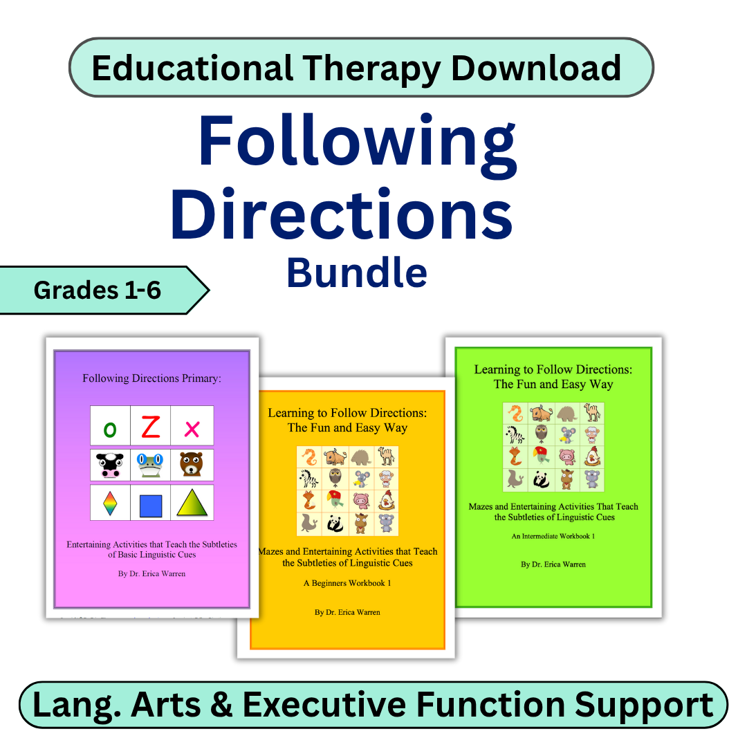 Educational therapy download bundle for following directions with colorful book covers on a white background.