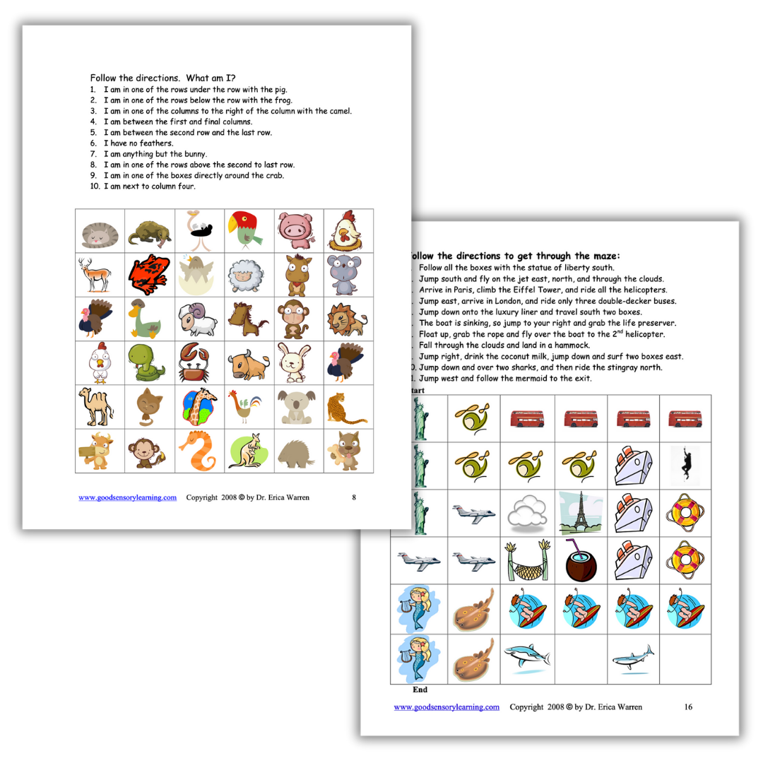 Following directions workbook pages by Dr. Erica Warren featuring grid-based logic clues and maze activities that strengthen working memory, attention, and language processing skills.