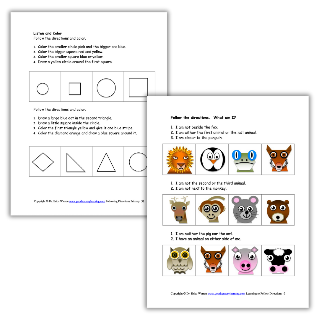 Primary following directions workbook pages by Dr. Erica Warren featuring listen-and-color activities and visual logic clues that build attention, working memory, and language processing skills.