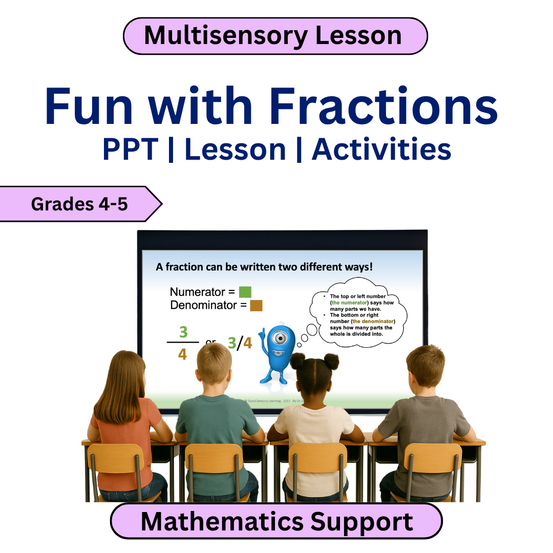 Educational poster for a multisensory lesson on fractions with children at desks and a screen displaying educational content.