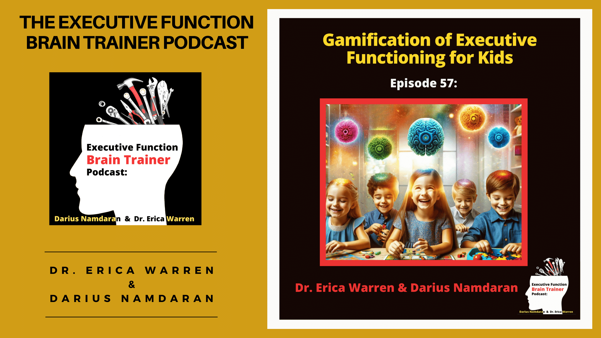 Podcast episode on executive functioning and gamification with kids playing and their brains glowing.
