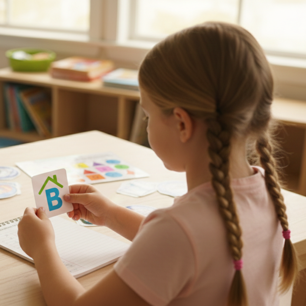A young child with braided hair sits at a desk, holding an alphabet flashcard while working on a learning activity in a bright classroom.