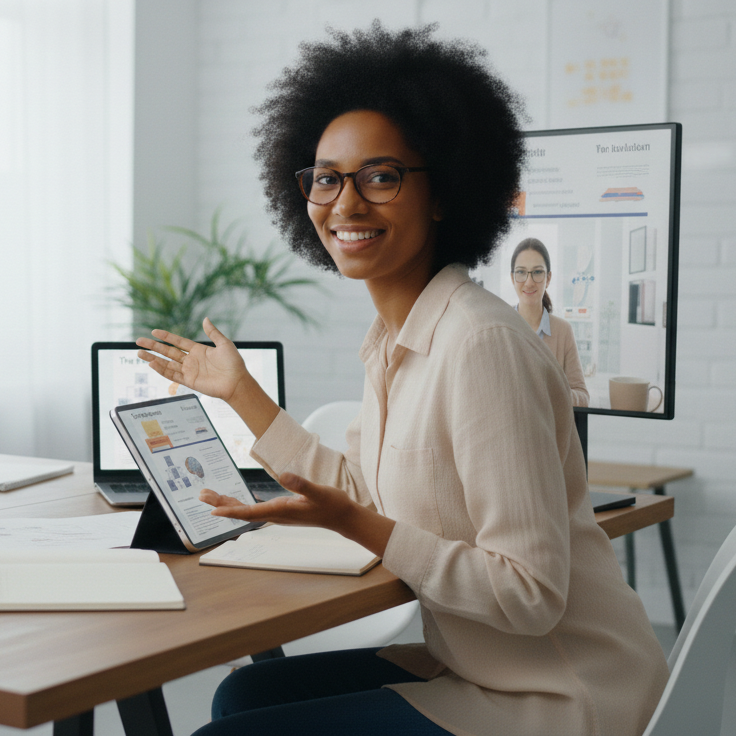 A smiling professional sits at a desk in a modern office, gesturing toward a tablet displaying digital content, with computer screens and work materials in the background.