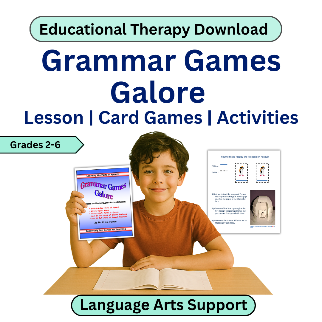 Promotional image for 'Grammar Games Galore' educational resource with a child holding a book.