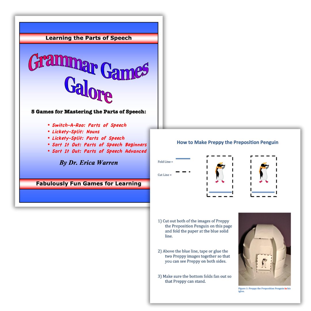 Grammar Games Galore by Dr. Erica Warren featuring playful parts of speech games and hands-on activities like Preppy the Preposition Penguin for multisensory language learning.