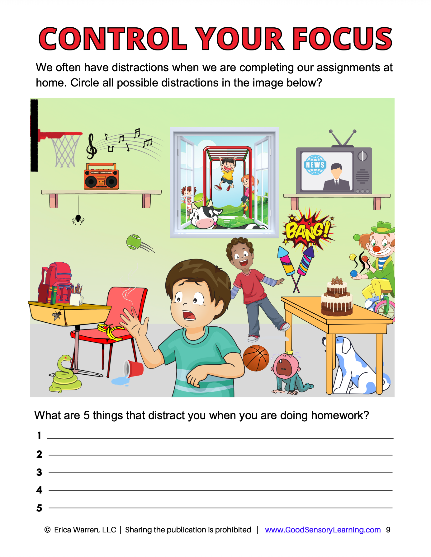 Educational worksheet about controlling distractions during homework with a colorful illustration of a classroom scene.