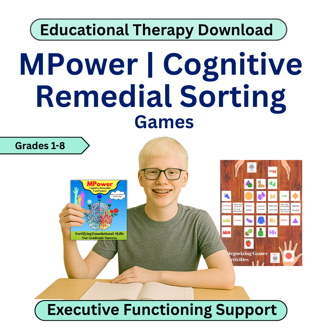 Promotional image for MPower Cognitive Remedial Sorting Games with a child holding a a pdf image of the cover.