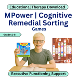 Promotional image for MPower Cognitive Remedial Sorting Games with a child holding a book and a sorting game board.