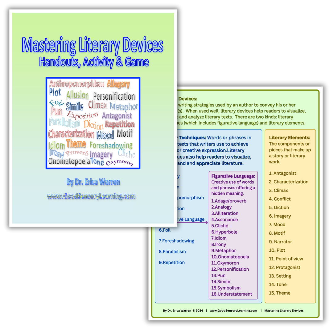 Mastering literary devices resource featuring handouts and activities that teach figurative language, literary elements, and reading comprehension strategies for students