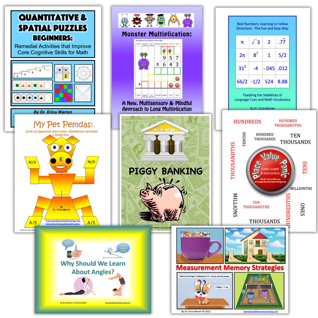 Math learning bundle featuring multisensory games and visual strategies for multiplication, place value, measurement, problem solving, and core cognitive math skills