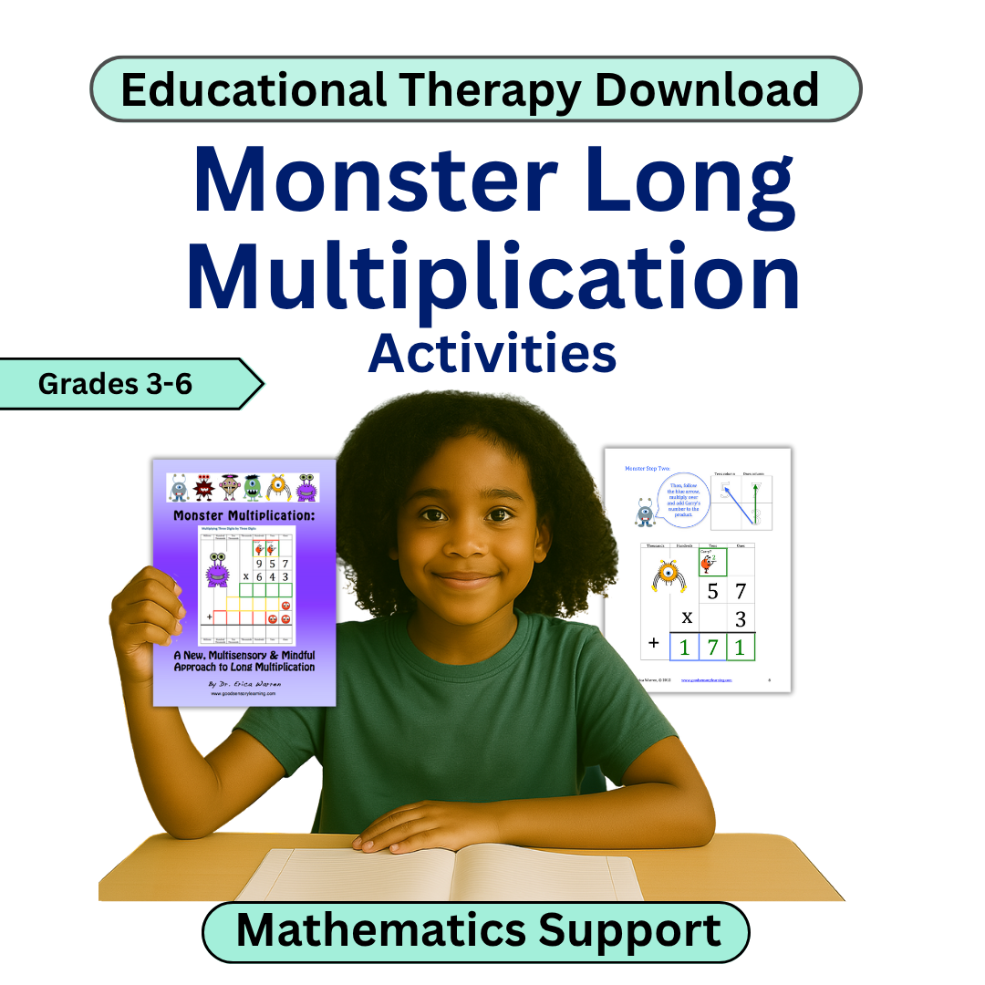 Happy student holding up the Monster Multiplication download with a white background and a sample sheet beside her