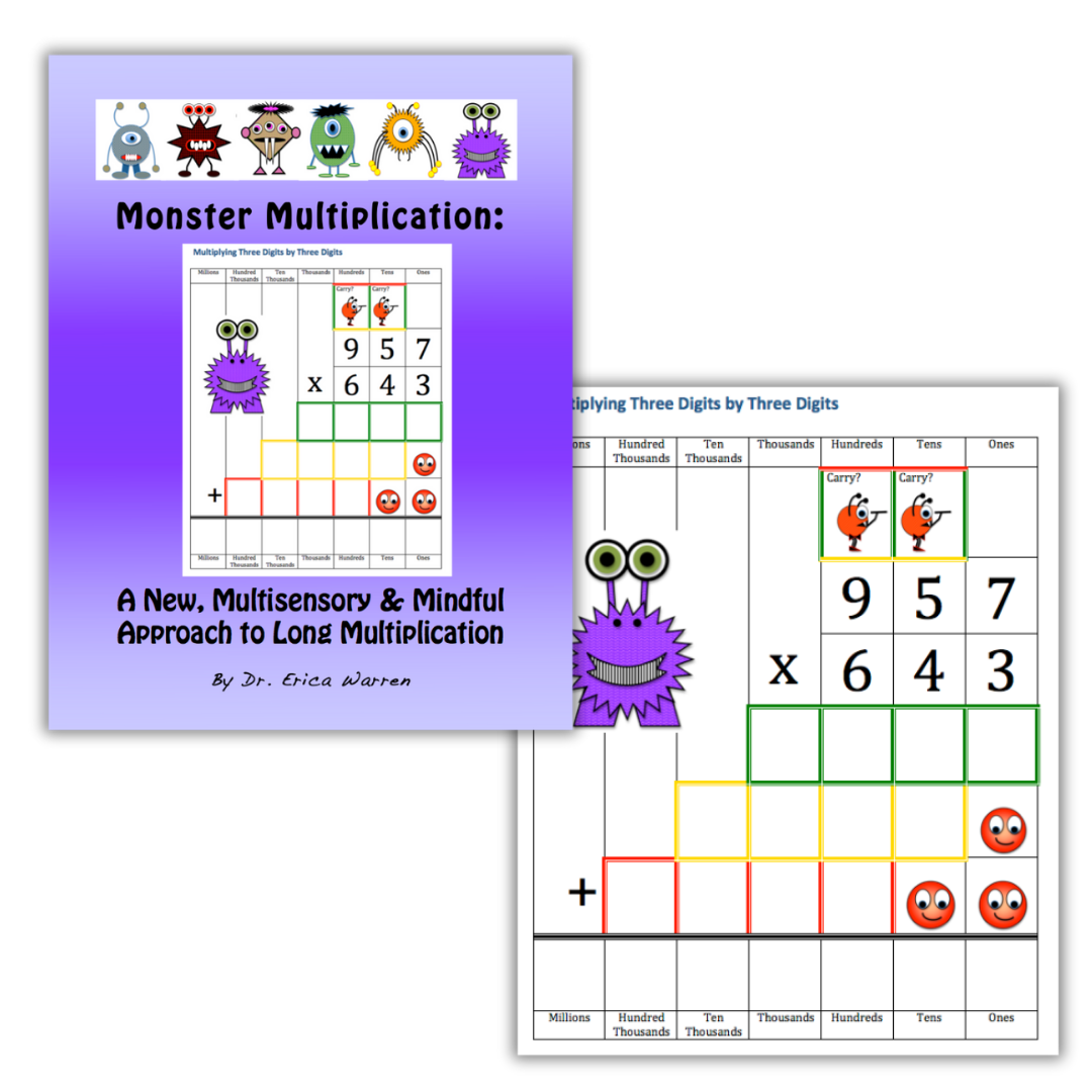 Monster Multiplication resource using colorful, multisensory visuals and step-by-step grids to help students understand and master long multiplication concepts