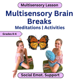Book cover of 'Multisensory Brain Breaks' with two children and a butterfly, labeled for grades K-4 and social emotional support.