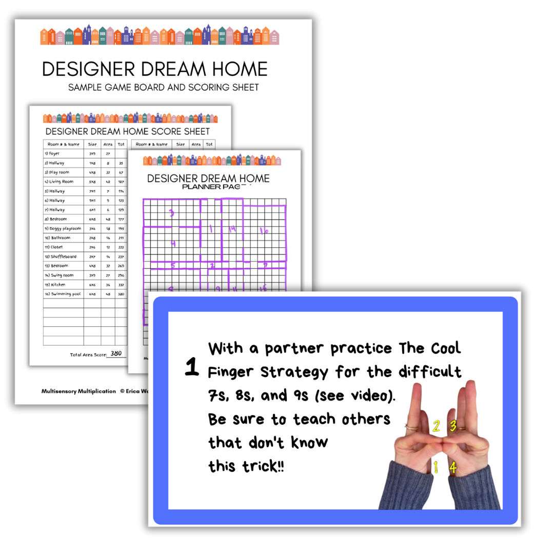 Multisensory multiplication activities featuring a designer dream home math game and hands-on finger strategies to strengthen multiplication fluency and problem-solving skills