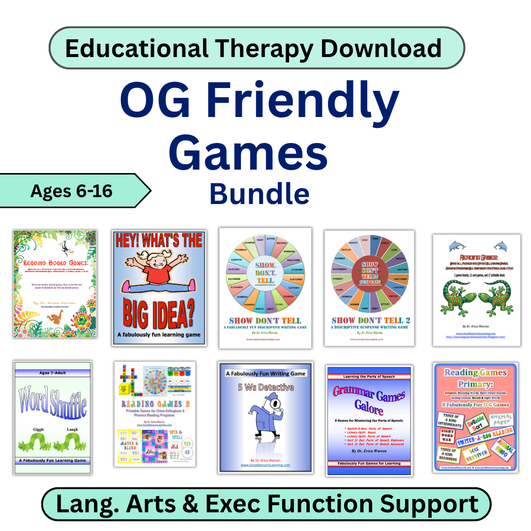 Orton Gillingham Friendly Educational therapy download bundle for ages 6-16 with various game covers.