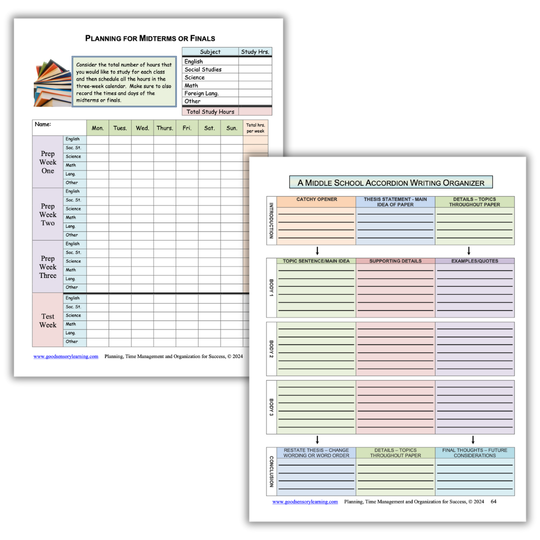 Study planning worksheet for midterms and finals paired with a middle school accordion writing organizer for structured essays
