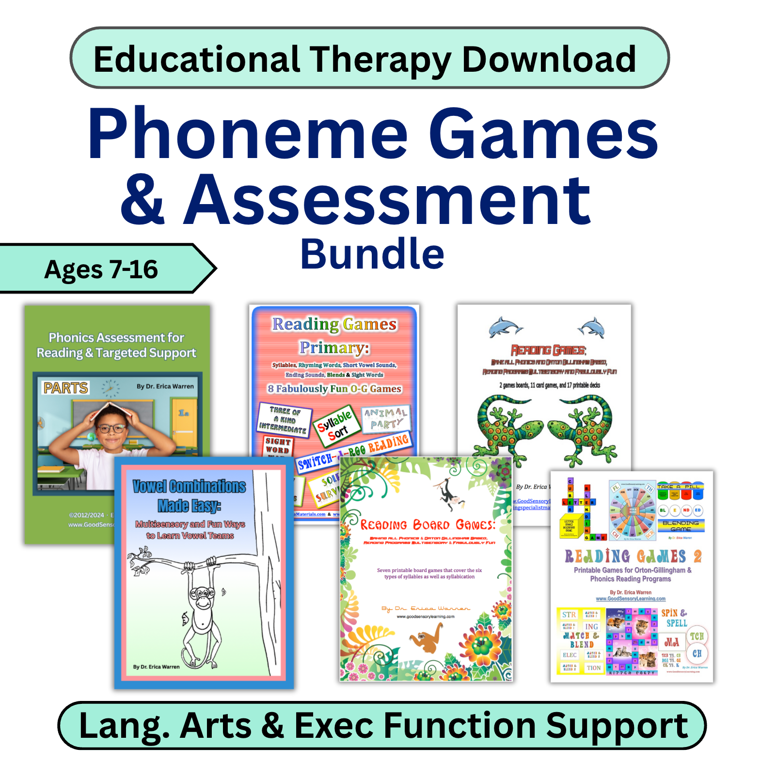 collage of assessments adn reading games with a white background