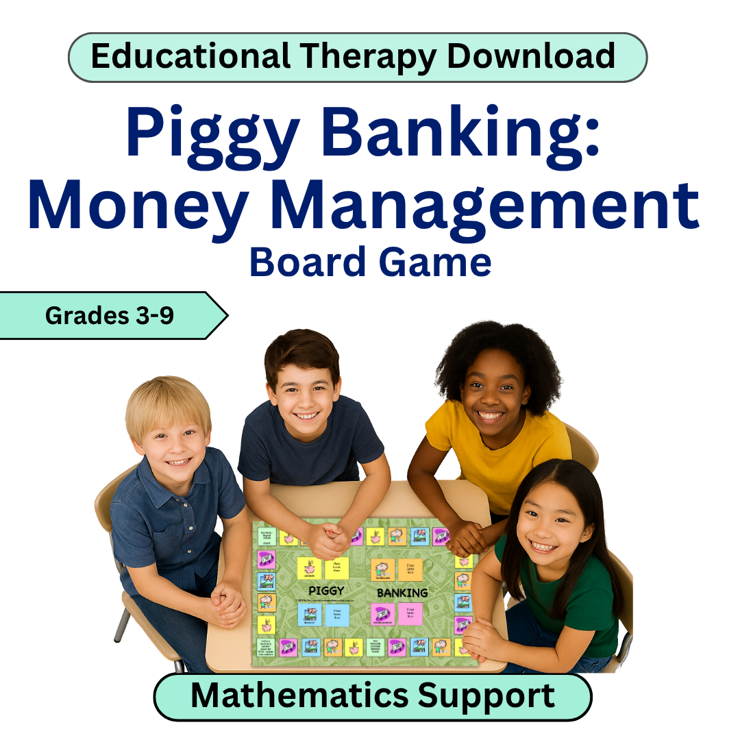 Four students about to play the board game PiggyBanking and smiling