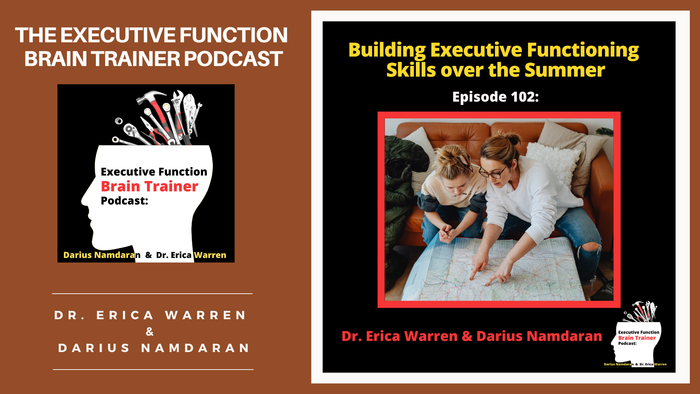 Promotional graphic for 'The Executive Function Brain Trainer Podcast' with episode details and podcast logo.