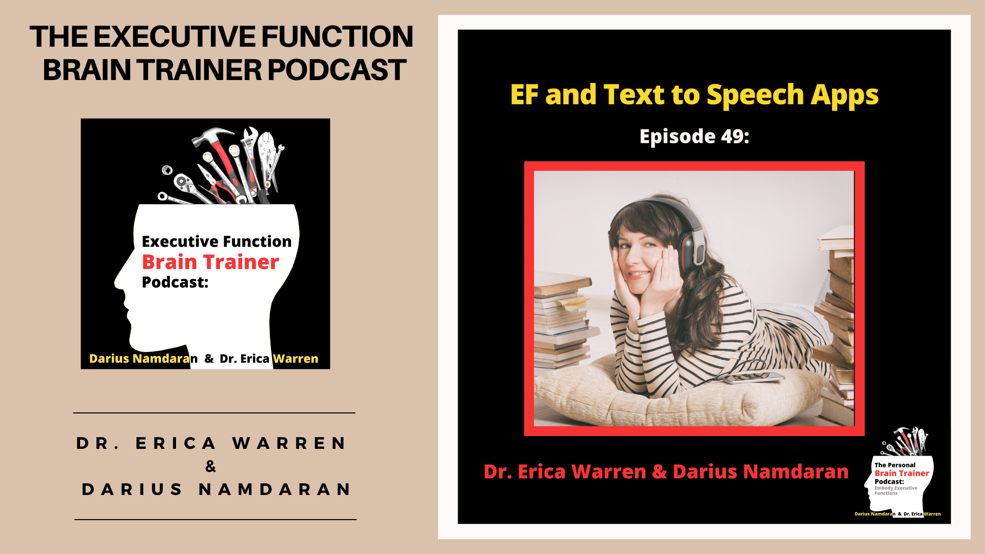 Promotional graphic for 'The Executive Function Brain Trainer Podcast' with a focus on Episode 49 featuring Dr. Erica Warren and Darius Namdaran.