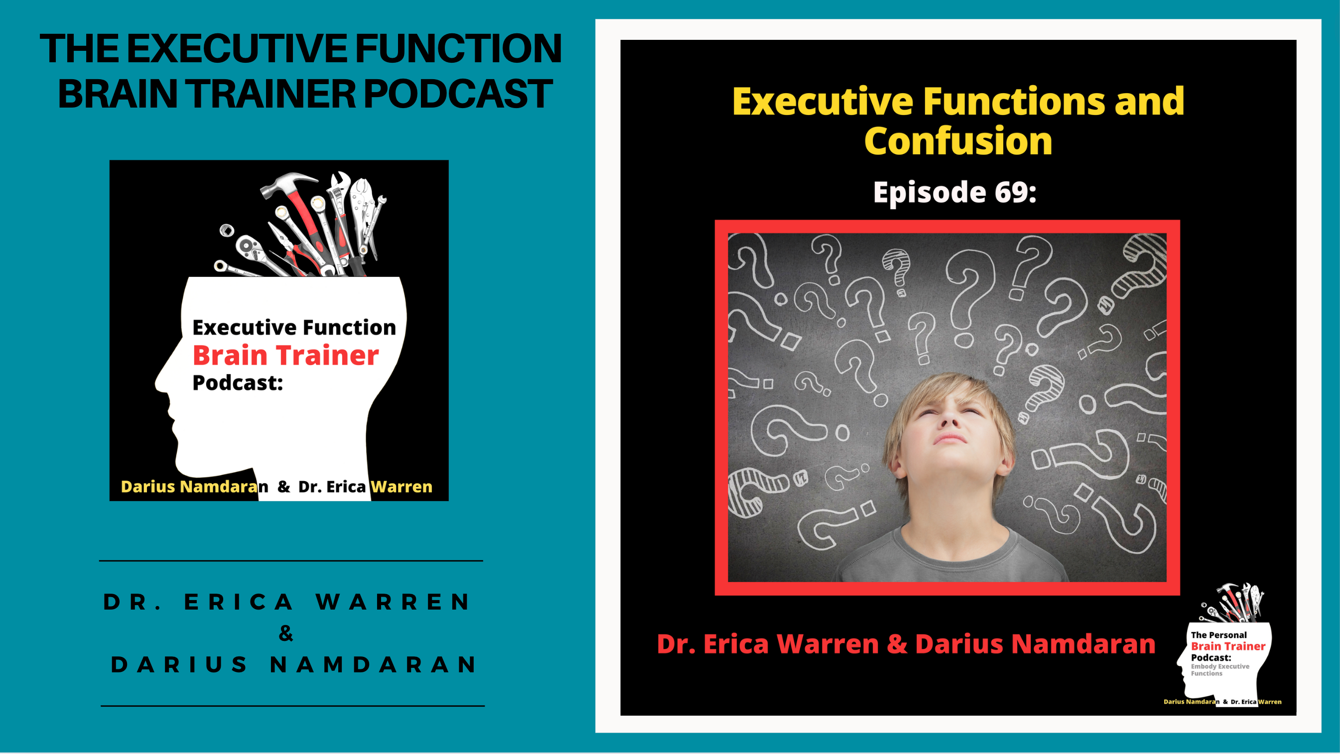 Podcast on the confusion and executive functioning. The image is of a boy with question marks all around him.