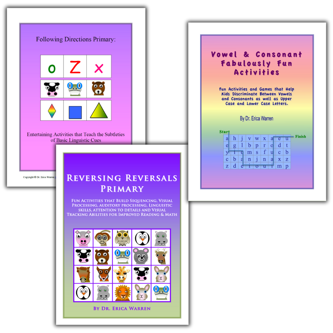 Primary learning bundle featuring following directions activities, vowel and consonant games, and reversing reversals exercises for early literacy development