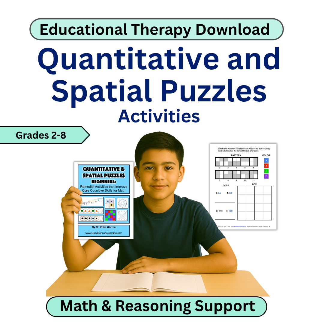 Book cover of 'Quantitative and Spatial Puzzles Activities' with a child holding a puzzle book.