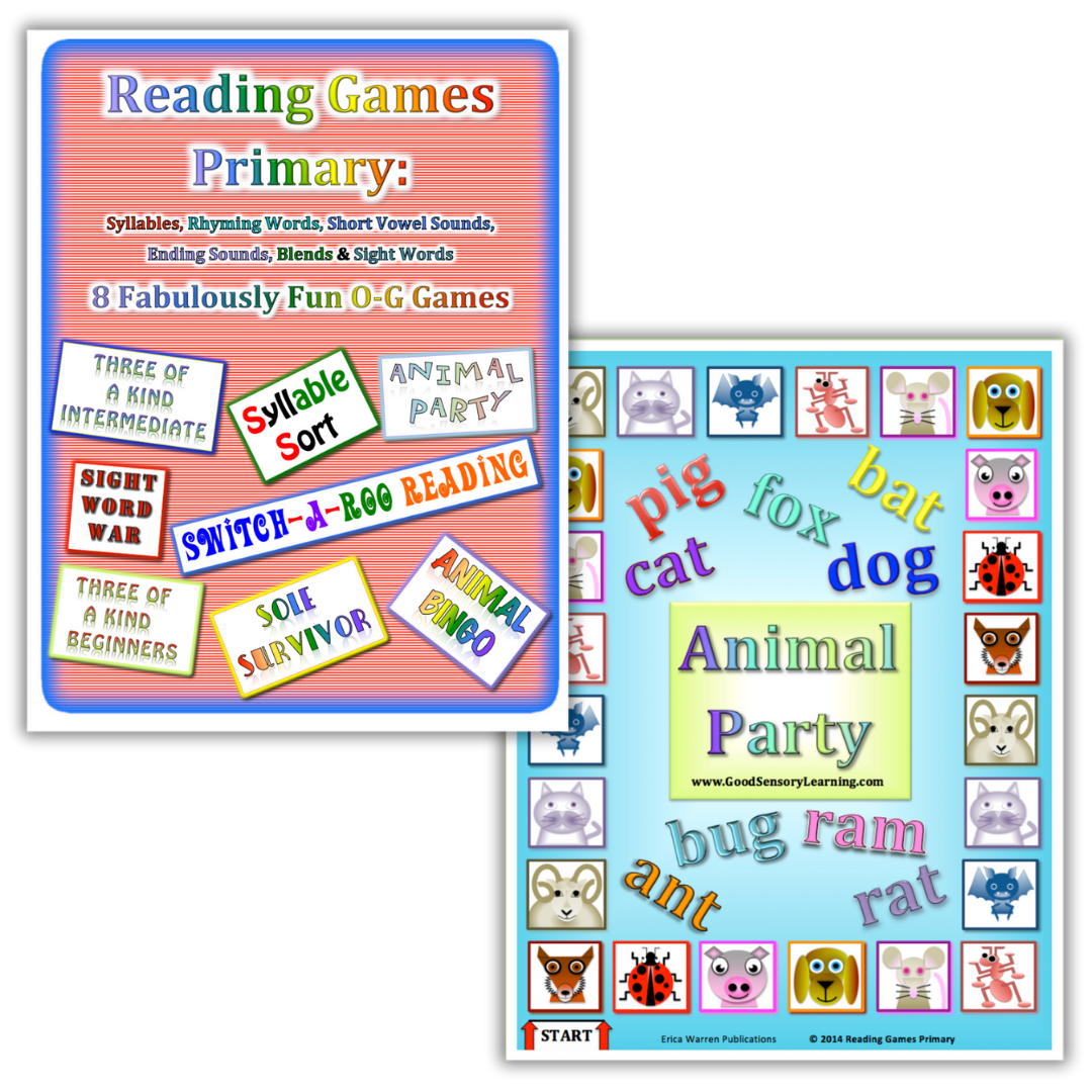 Reading Games Primary featuring Orton-Gillingham phonics board games for syllables, rhyming, blending, and sight word practice by Dr. Erica Warren