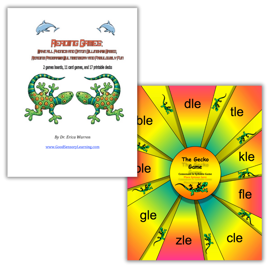 Reading Games multisensory phonics activities including Orton-Gillingham board games and consonant-le syllable spinner by Dr. Erica Warren