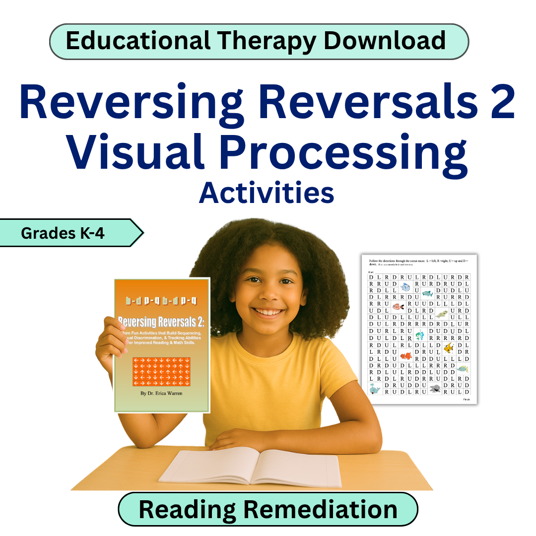 Educational therapy download for reversing reversals and visual processing activities with a child holding a book.