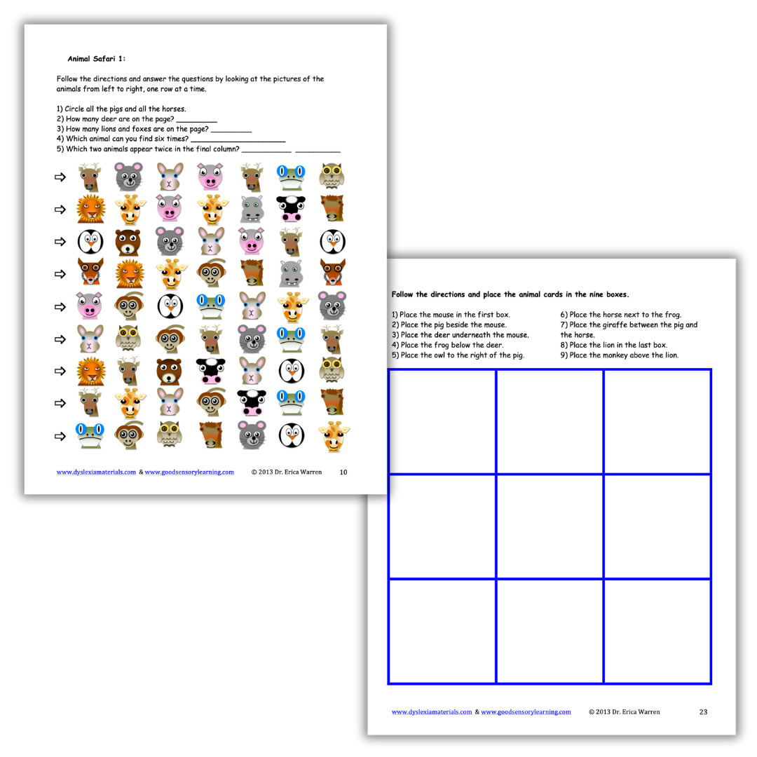 Reversing Reversals Primary sample pages featuring animal visual tracking, sequencing, and following-directions activities by Dr. Erica Warren