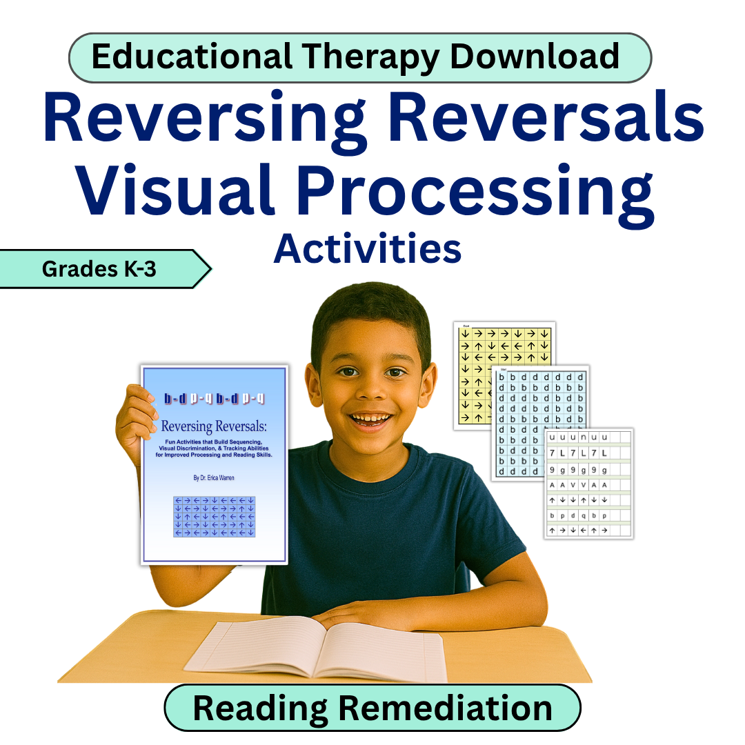 Book cover of 'Reversing Reversals Visual Processing Activities' with a child holding the book.