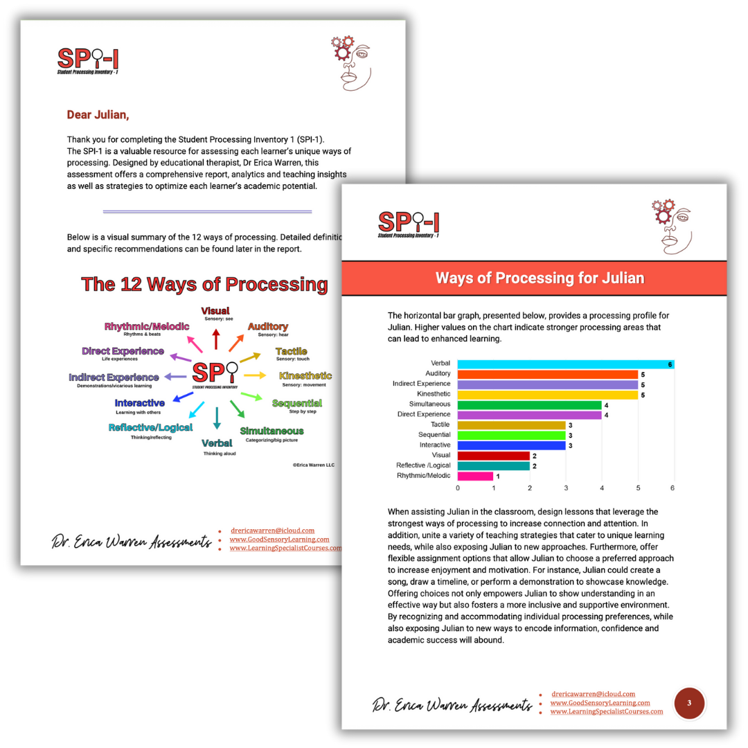 Student Processing Inventory 1 sample report showing the 12 ways of processing and an individualized bar graph profile used to guide instructional planning for younger learners