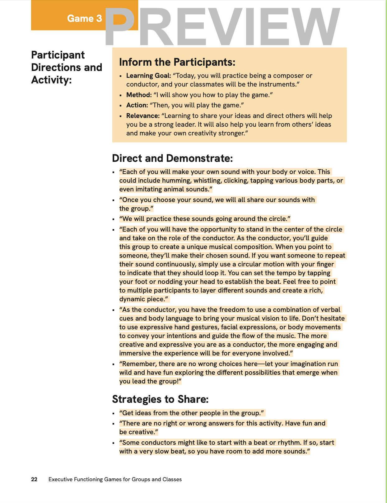 Page from a book or manual with text on participant directions and activities for a game.