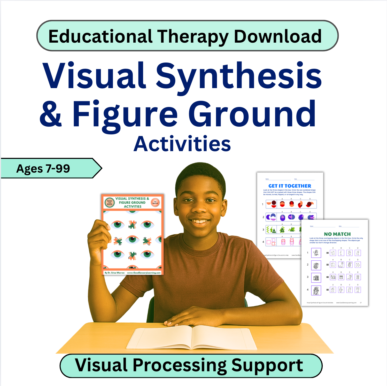 Student holding up the workbook visual synthesis and figure ground with white background and product page images to the side