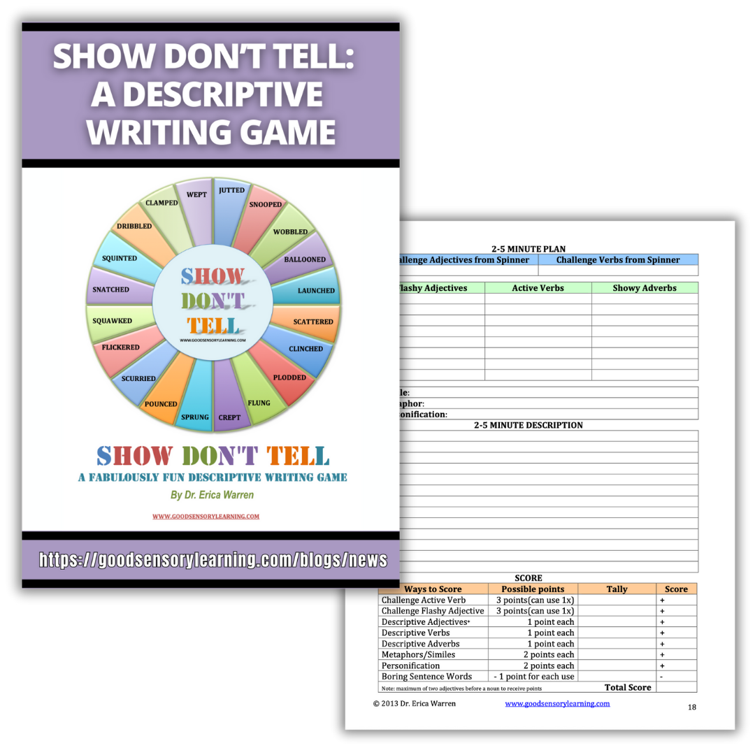Show Don’t Tell descriptive writing game featuring a word spinner and structured planning pages to help students build vivid language, stronger verbs, and expressive writing skills