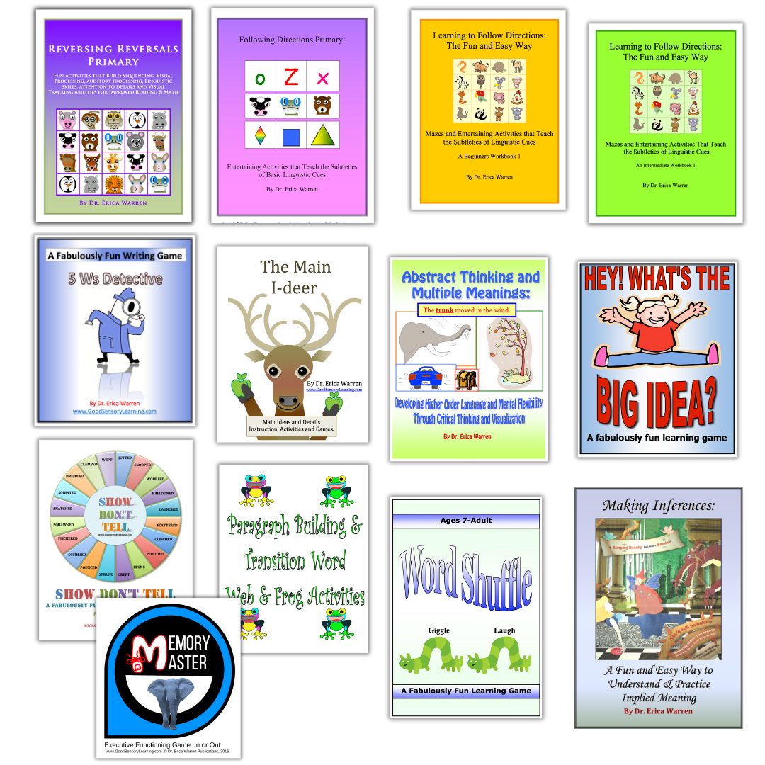 Speech and language learning bundle featuring games and activities for following directions, abstract thinking, inferencing, main ideas, transitions, and expressive language development