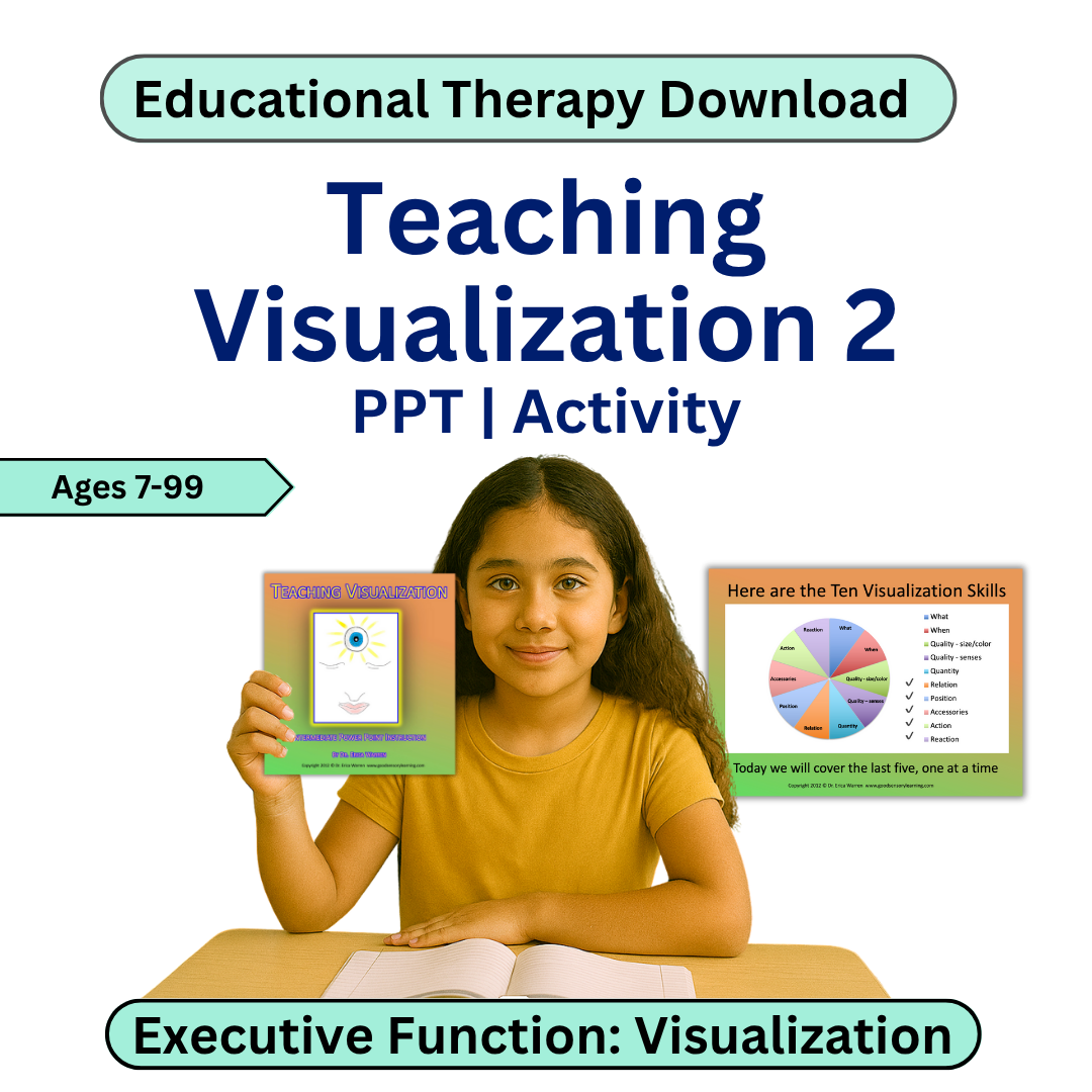Educational therapy download for teaching visualization with a girl holding the title page image and a sample slide is to her right.