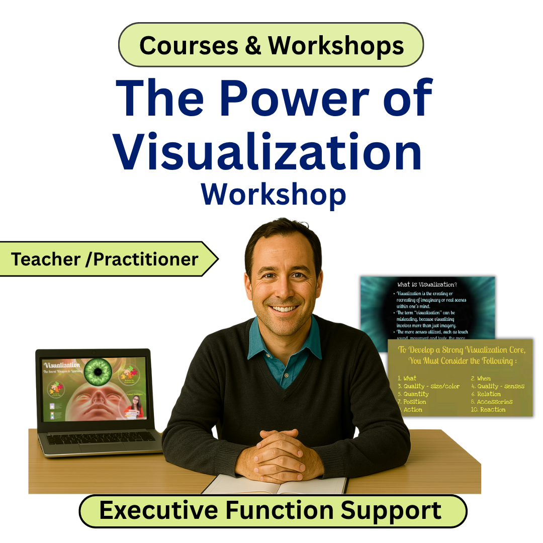 Advertisement for 'The Power of Visualization Workshop' with a man sitting at a desk and product samples on both sides.