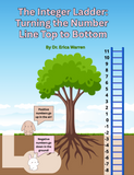 Book cover of 'The Integer Ladder: Turning the Number Line Top to Bottom' by Dr. Erica Warren, with a tree, rabbits, and ladder illustration.